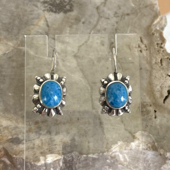Sterling Silver 925 Thai Oval Bezel Set Denim Lapis Dangle Drop Earrings - Picture 11 of 16